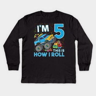 5th Birthday Monster Truck Party Gift 5 Year Old Boy Kids Long Sleeve T-Shirt